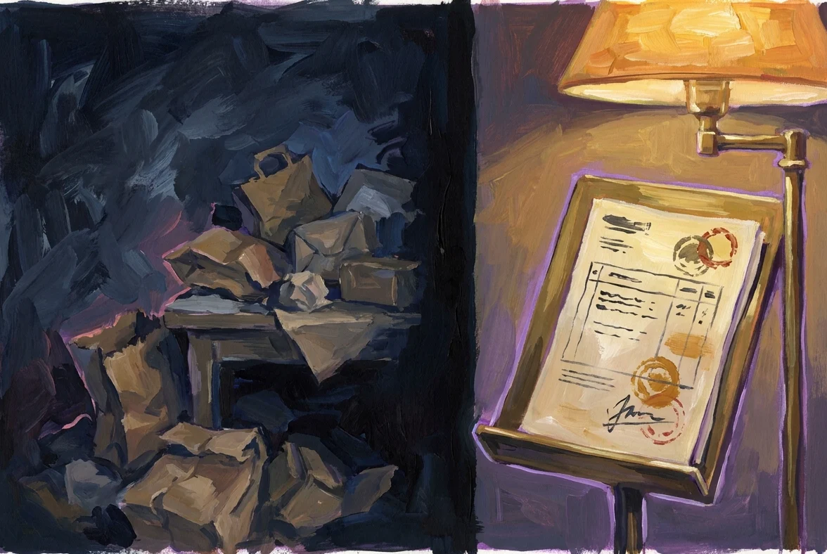 A gouache-dark split scene: on the left a night market of crumpled unlabeled paper bags spilling into shadow; on the right a brass shipping manifest under an amber lamp, every line itemized, stamped, and legible.