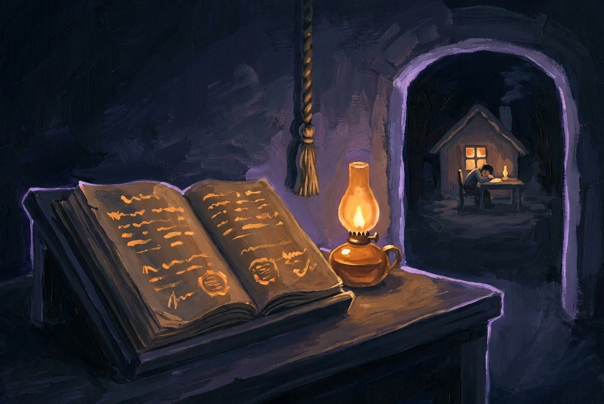 A gouache-dark night ledger room: a heavy open ledger on a stand writes itself by lamplight, each line a small state seal, while through a doorway an operator sleeps in a distant lit cottage. A bell rope hangs beside the ledger, unpulled, waiting for morning's decision.