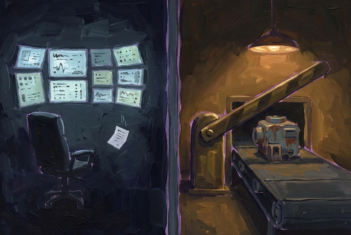 A gouache-dark pair: on the left, a wall of monitoring screens glowing over an empty chair, one chart quietly falling; on the right, a single heavy brass gate across a conveyor, holding a flawed part mid-line under an amber inspection lamp.