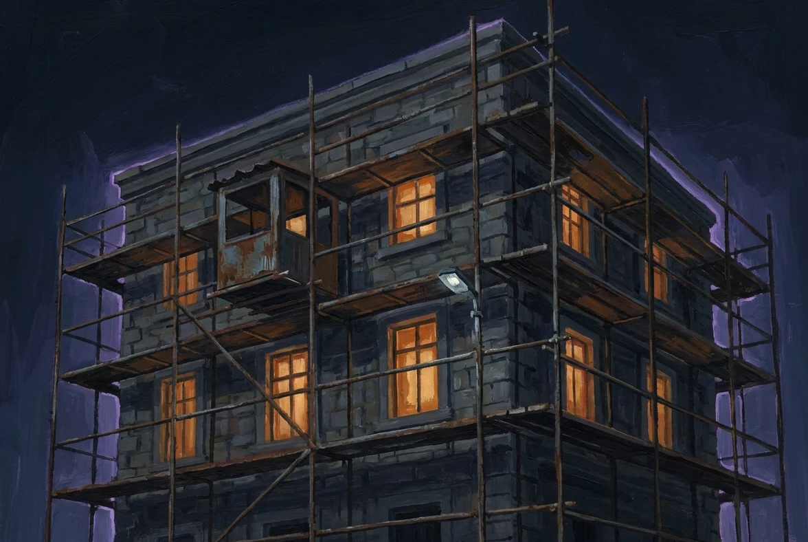 A gouache-dark building at night, finished and glowing warmly from inside, still wrapped in a full exoskeleton of rusting scaffolding with an empty operator hut and a cold work lamp. The scaffolding touches nothing that needs it.