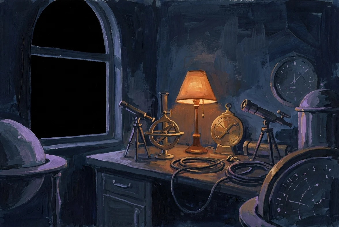 A gouache-dark observatory interior on deep navy: brass instruments arranged around a single amber lamp, dials faintly lit, cables neat, a wide black window showing nothing at all. The instruments are the only way the room sees.