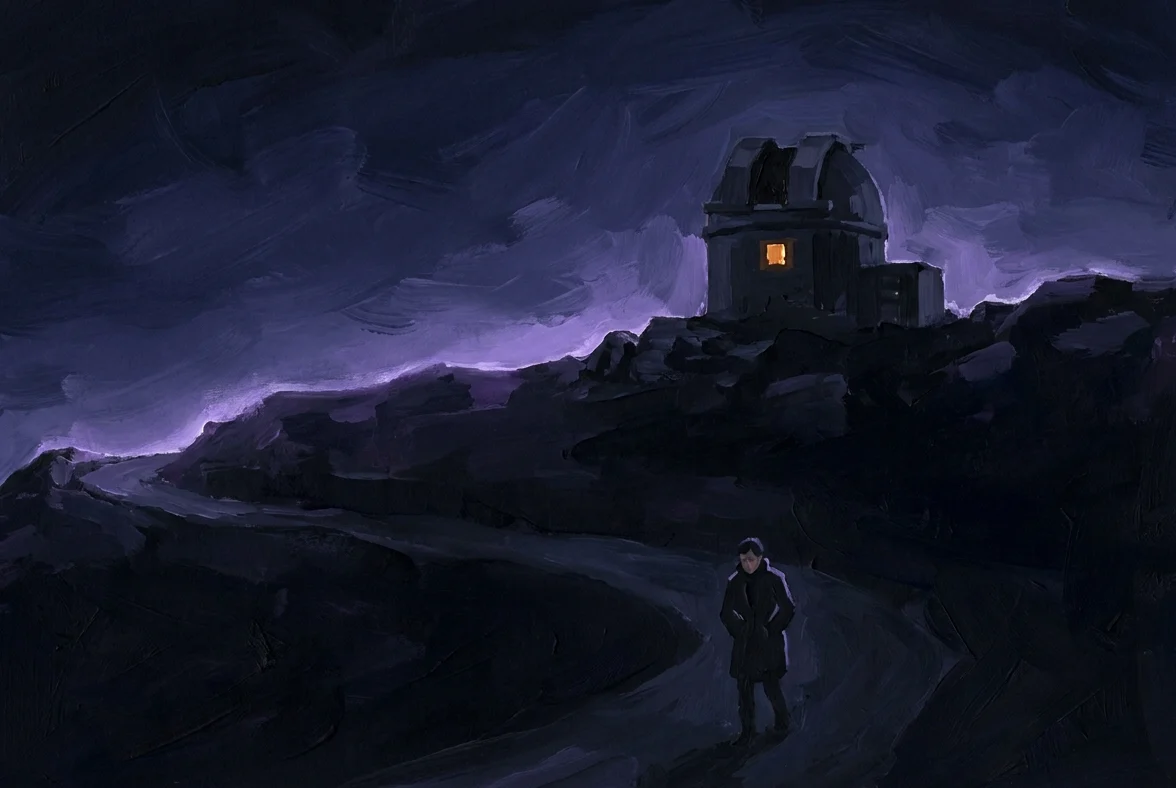 A gouache-dark closing scene: the observatory from earlier at a distance on a ridge, one amber window still lit, instruments running themselves under a violet night. A small figure walks home downhill with hands in pockets.