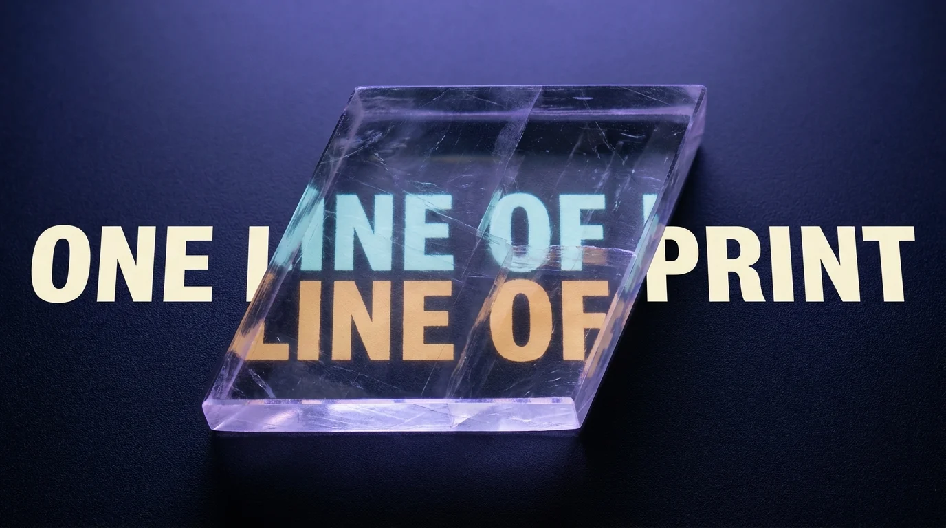 A clear calcite rhomb resting on a dark surface with one line of large cream capitals reading ONE LINE OF PRINT running across the surface behind it. Outside the crystal the line is a single row. Inside the crystal's outline the same words appear twice, one copy above the other and offset by about a letter height, the upper tinted cyan and the lower tinted amber. The doubling begins and ends exactly at the crystal's edges.