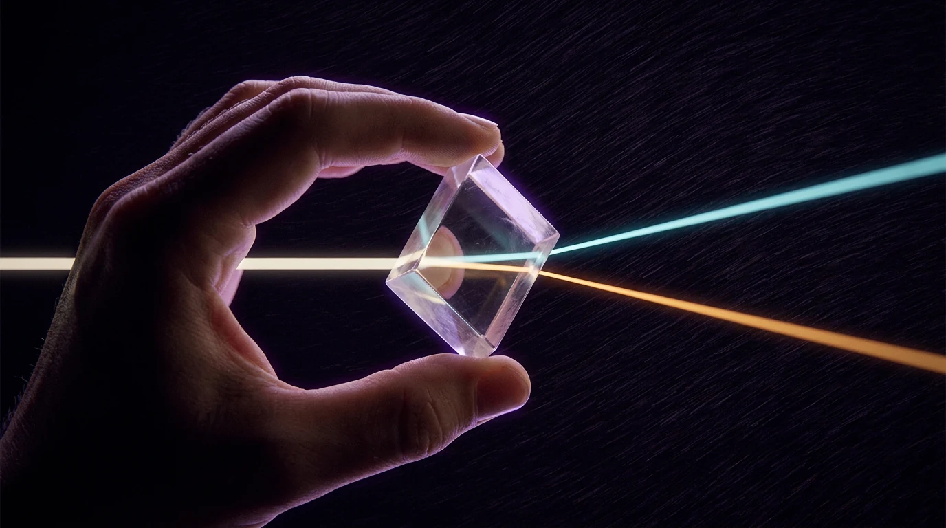 A hand holds a clear rhombohedral crystal in near darkness. A single pale beam enters it from the left and leaves its right face as two beams, one cyan and one amber, diverging as they run off to the right. The darkness around the hand is filled with a fine violet grain combed into one direction.