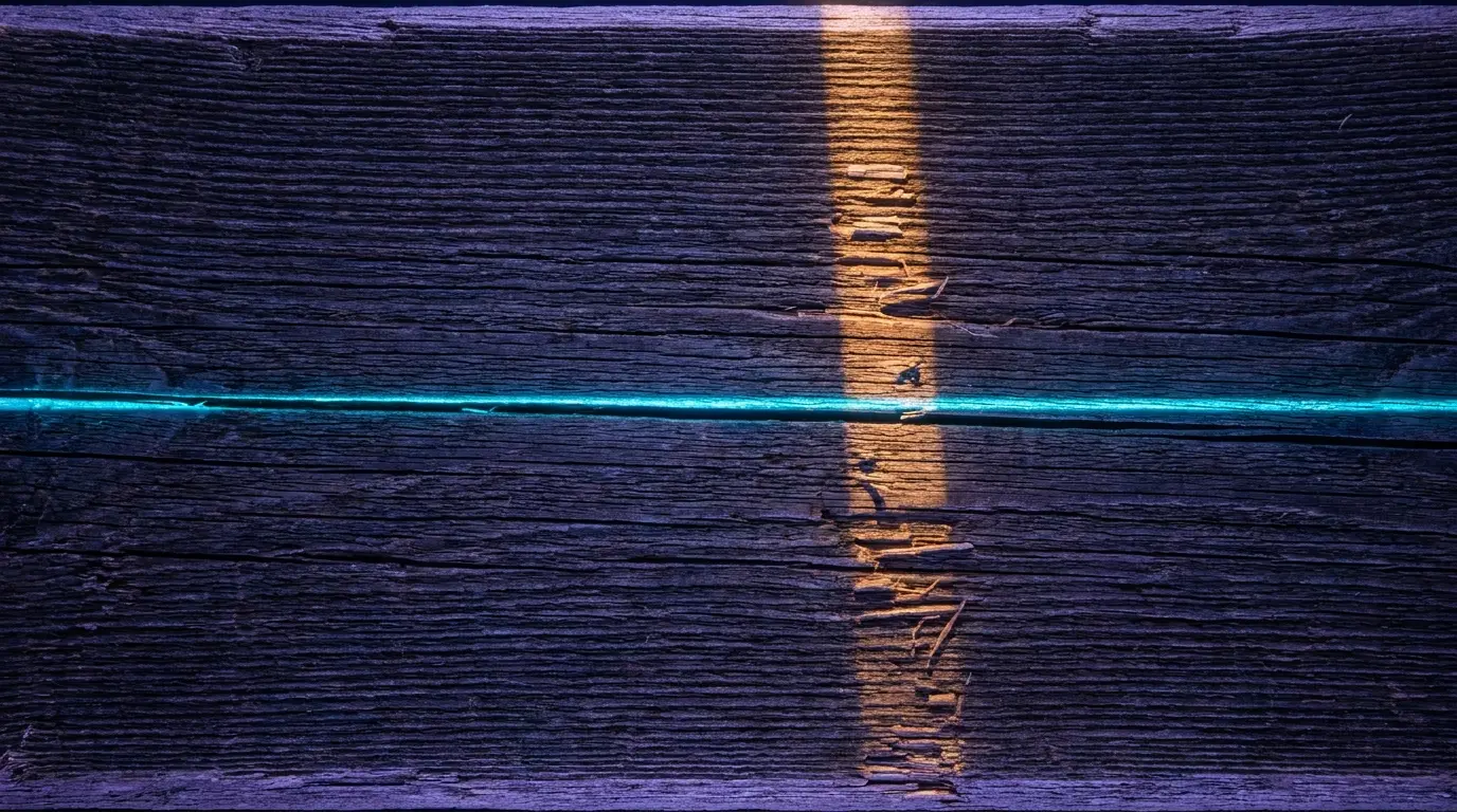 A dark timber plank seen from above, its grain running left to right in strong parallel fibres. A cyan beam runs along the grain as one clean unbroken line that crosses the whole plank. An amber beam runs across the grain and is splintered into short offset segments at every fibre it meets. Same plank, same light, two behaviours.