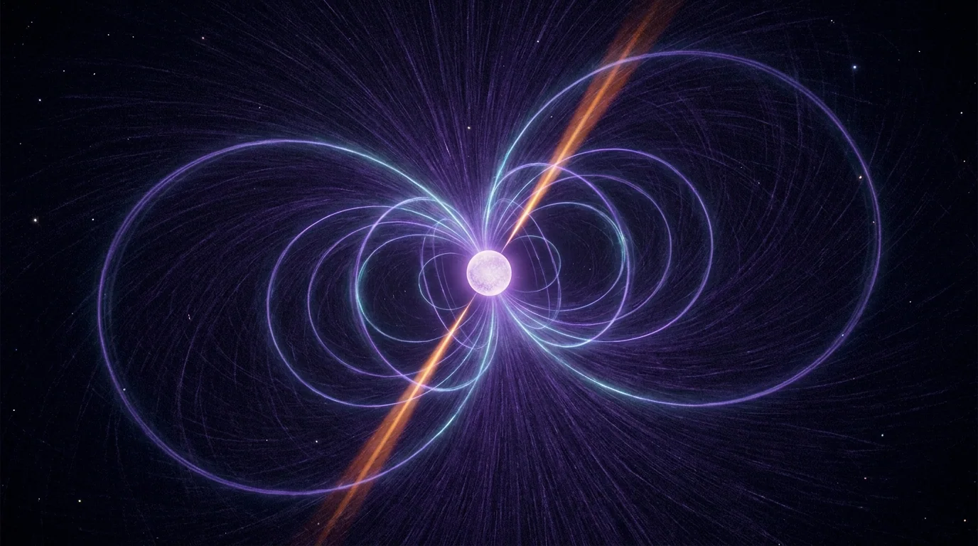 A neutron star drawn small and dense at the centre of an enormous violet magnetic field whose looping lines sweep far wider than the star itself, with a narrow amber beam crossing at an angle to the field axis and the surrounding space carrying a fine radial grain rather than being empty black.