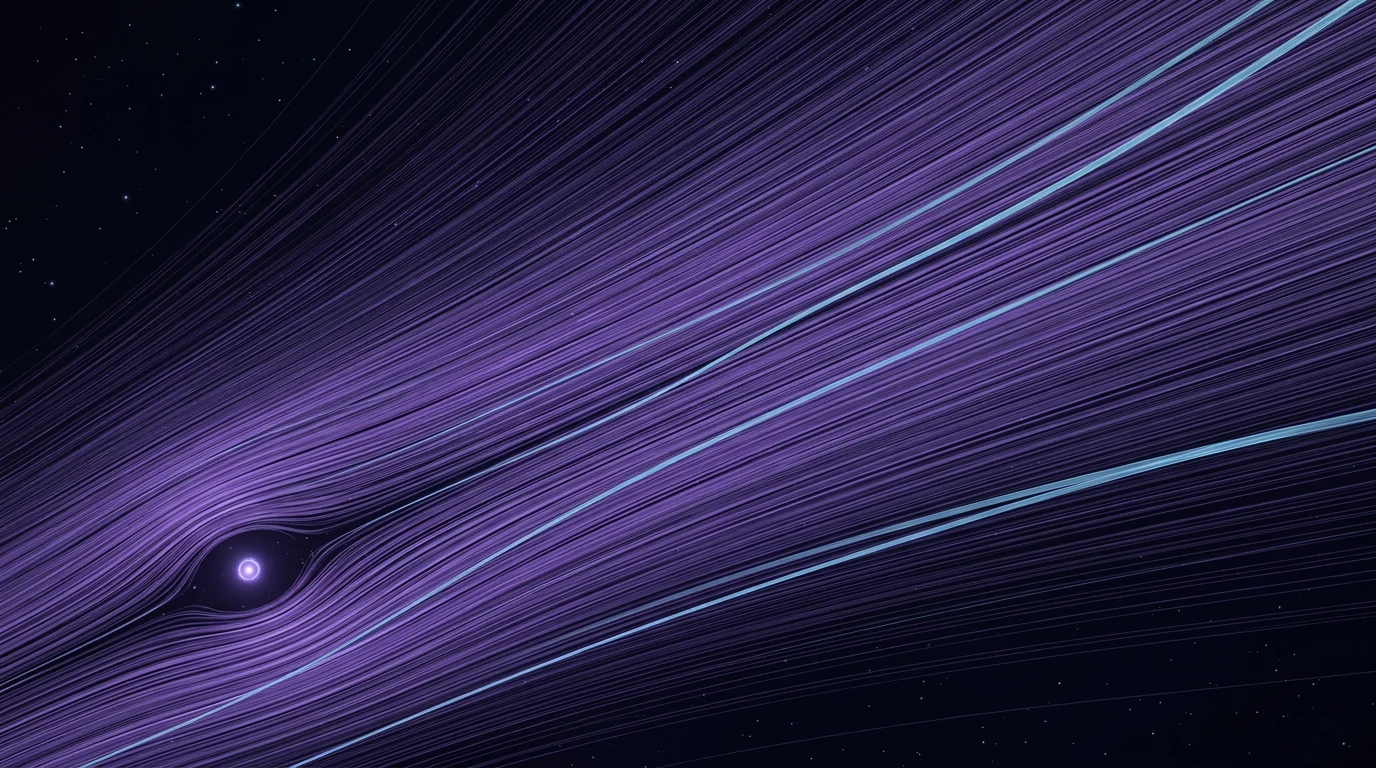 A magnetar seen small and distant across an enormous volume of combed violet space, with thin ribbons of light travelling out through the structured volume and arriving organized by it.