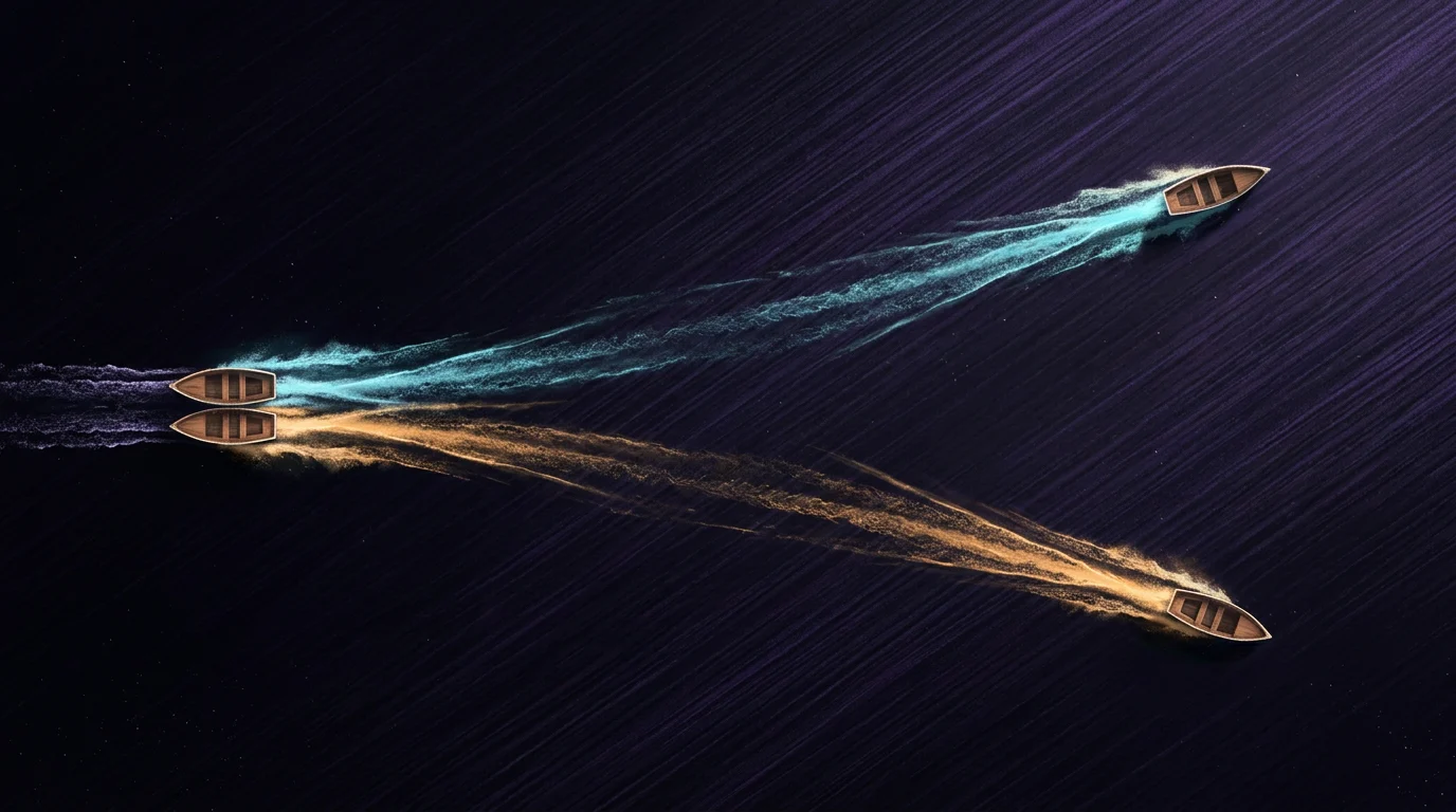 Two identical boats leave one line together, cross a dark expanse whose only visible feature is a directional grain, and arrive far apart, one trailing a cyan wake and one an amber wake.