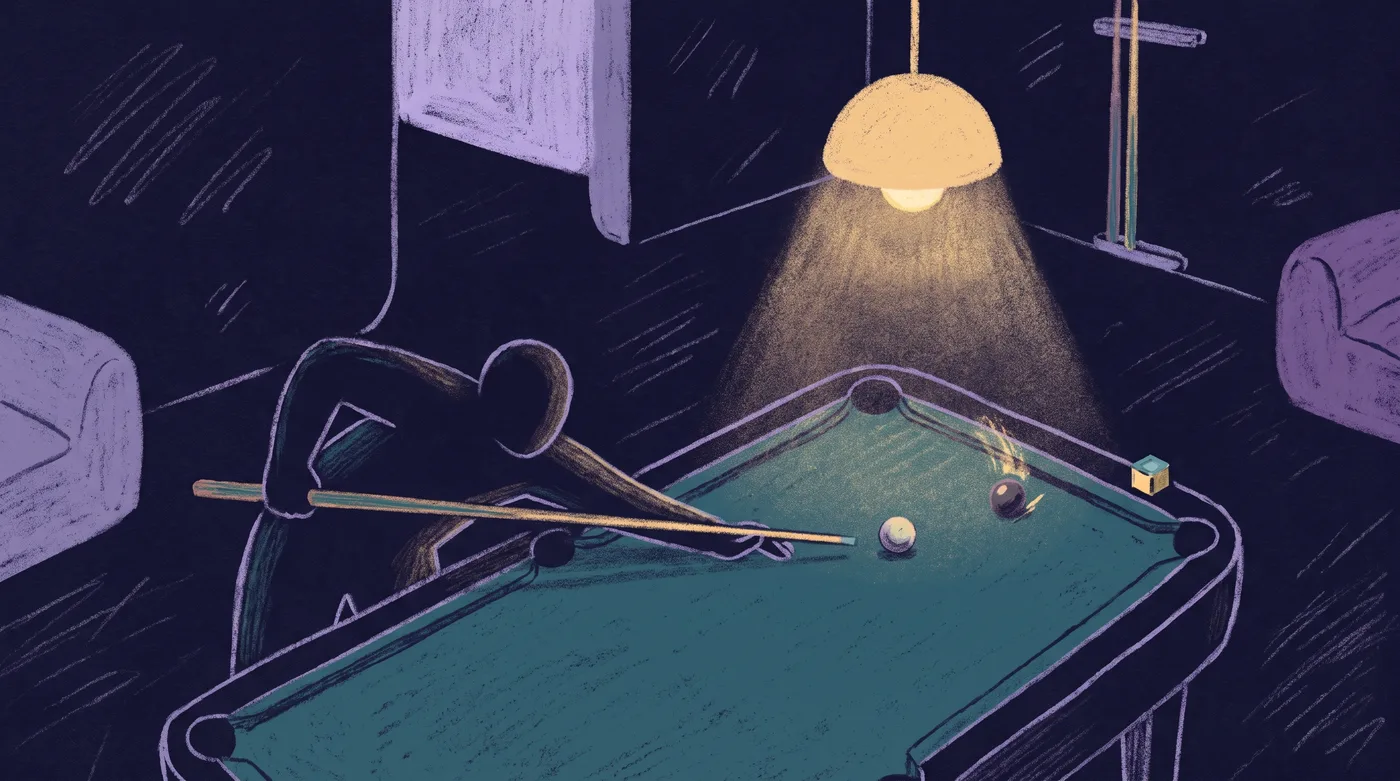 A player leans over a billiards table, lining up a shot. A small chalk cube sits on the rail beside one far corner pocket, set there before the shot to mark the called pocket. A pendant lamp lights the balls and the marked pocket.