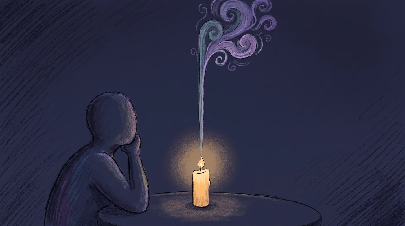 A single candle burns on a dark table. Its smoke rises in a thin, perfectly smooth column, then abruptly breaks into tumbling curls near the top. A person sits in the shadows to one side, watching the point where it breaks.