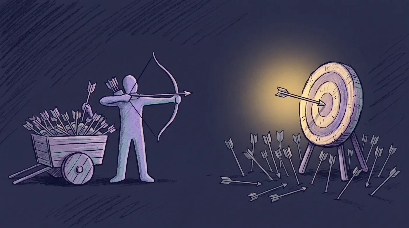 An archer stands beside a cart heaped with arrows, drawing another. The ground around a straw target bristles with dozens of missed arrows at every angle, and a single arrow sits near the center of the target in warm light.