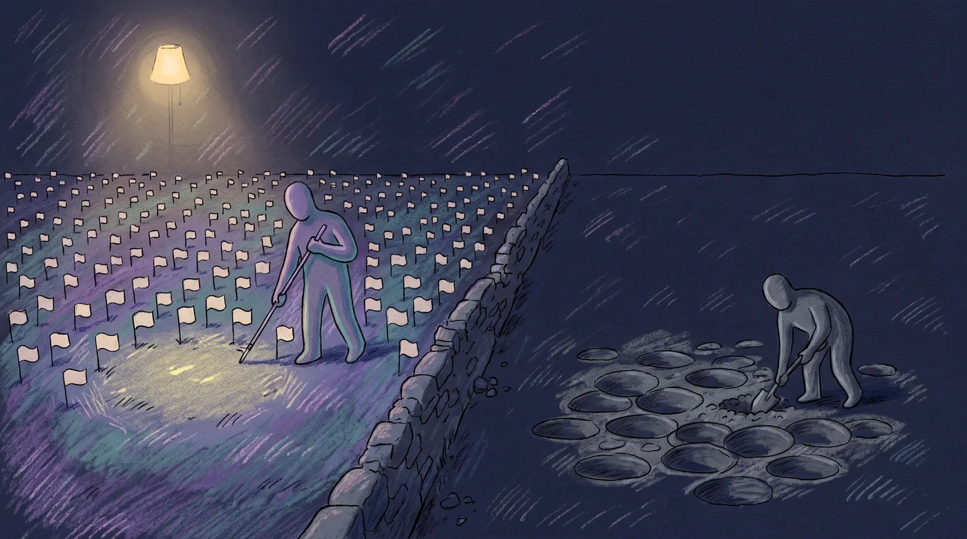 A field divided by a low wall. On the left, a searcher has planted small flags at every spot already checked, leaving only a small glowing patch unexplored. On the right, a second searcher digs another hole among many overlapping holes in one small patch.