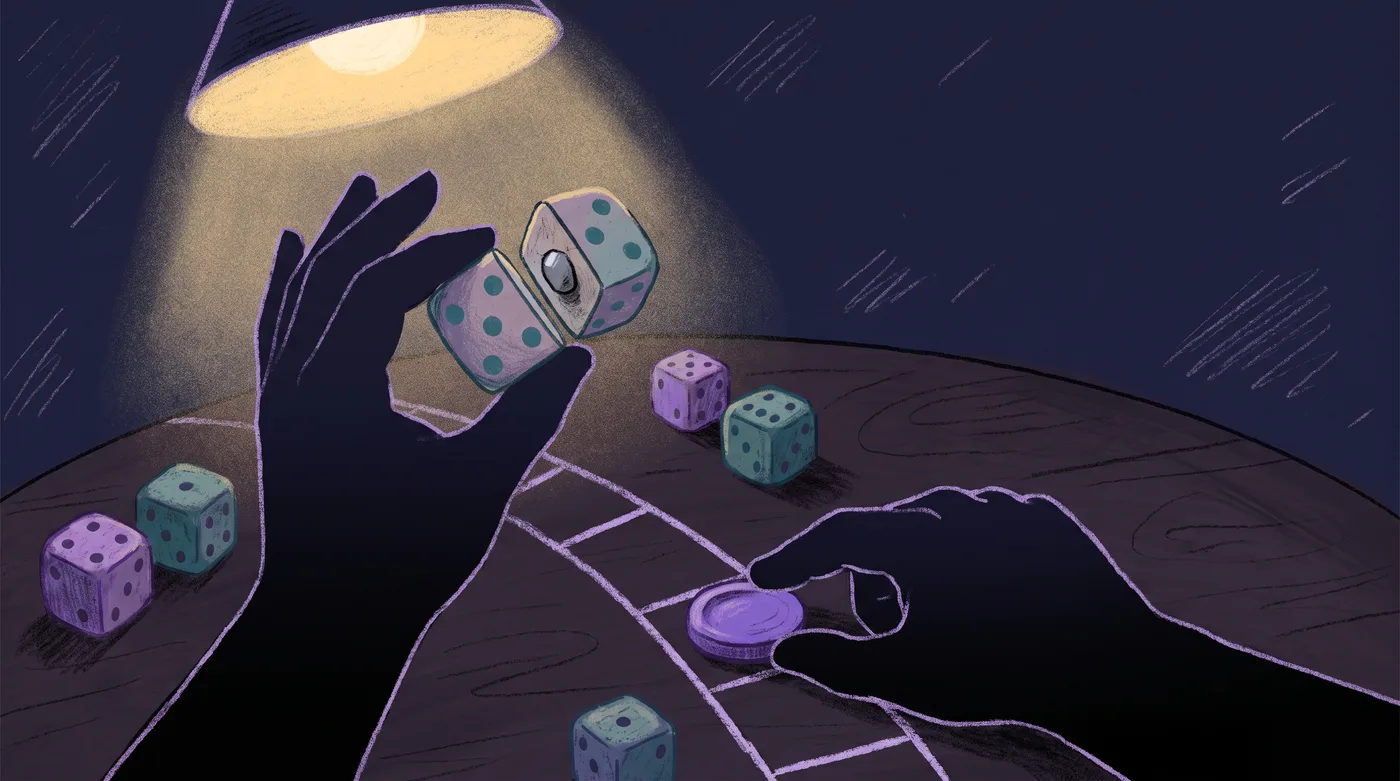 Close above a game table, one hand holds a die sliced in half up to a lamp, showing a small lead weight inside one side. The other hand pushes a game piece forward one space across a board of plain squares.