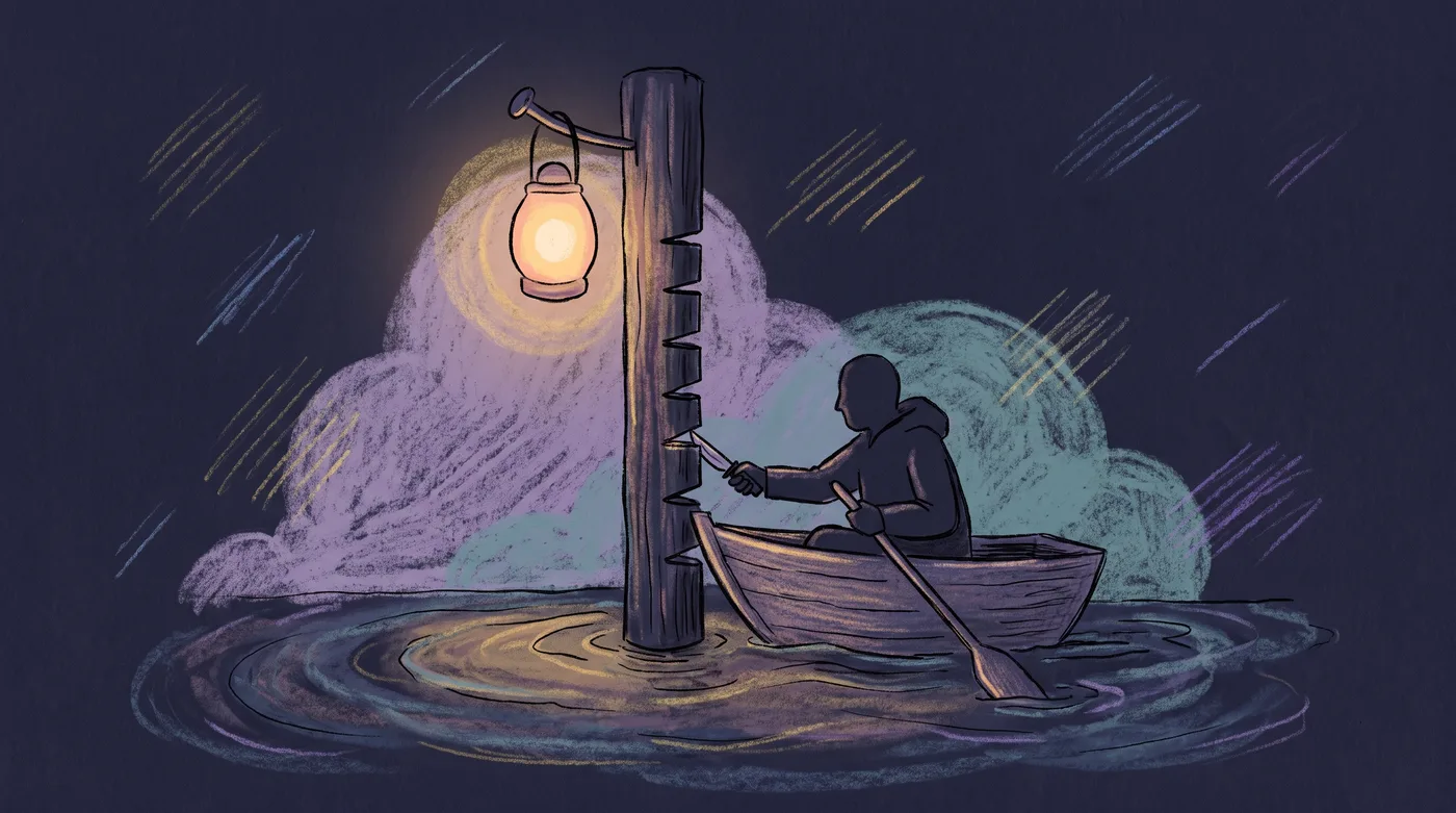 A wooden post stands in a dark river under a hanging lantern. Eight short notches are cut into it at different heights, the lowest near the waterline and the highest well above. A person in a small boat cuts one more notch.