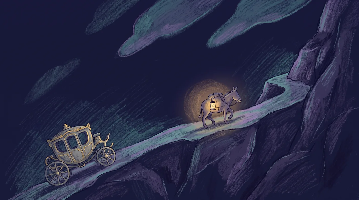 A narrow path climbs diagonally across a dark cliff face. A small pack mule walks steadily up it with a lantern swinging from its pack. At the bottom, an ornate carriage with large wheels sits stuck at the trailhead, too wide for the path.