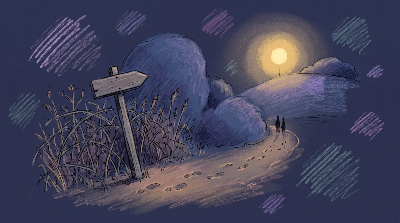 An old, cracked signpost with a blank arrow board leans in the foreground, pointing down an overgrown path that ends in brambles. From its base, a fresh line of footprints curves away the other direction toward a warm light on a distant rise.