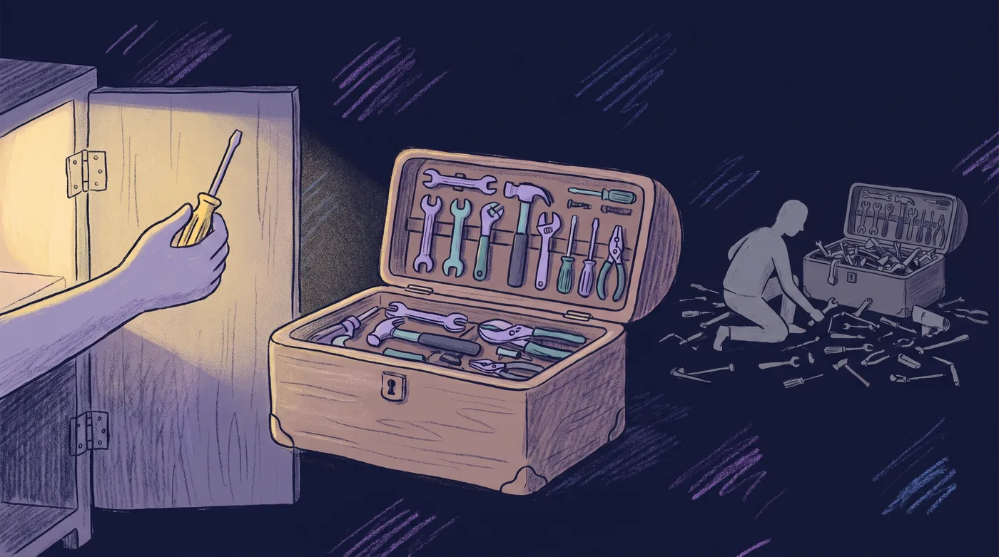A hand lifts one screwdriver from a full, neatly packed tool chest toward a cabinet door with a loose hinge. Behind, another person kneels amid a sprawling heap of every tool emptied from an identical chest, with nothing fixed.