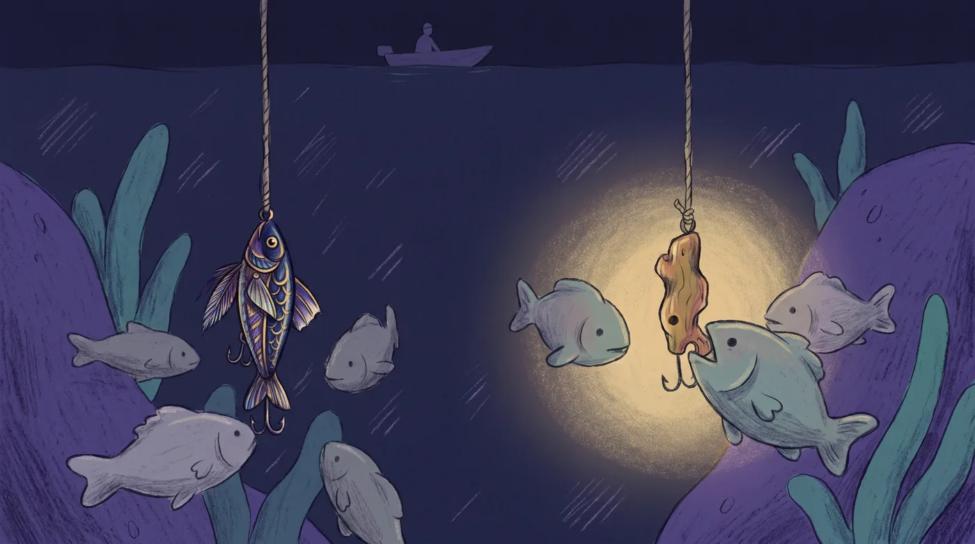 An underwater view of two fishing lines. On the left, an ornate, finely painted lure hangs while fish swim past it. On the right, a crude, crooked carved lure draws three fish, and one is biting.