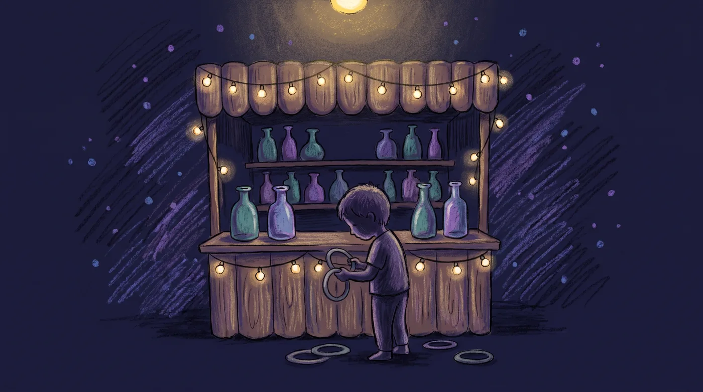 A carnival booth strung with warm bulbs, its shelves lined with bottles whose necks are wider than the rings. In front of the counter, a small child holds two rings with head bowed, looking down at their hands, while missed rings lie on the ground.