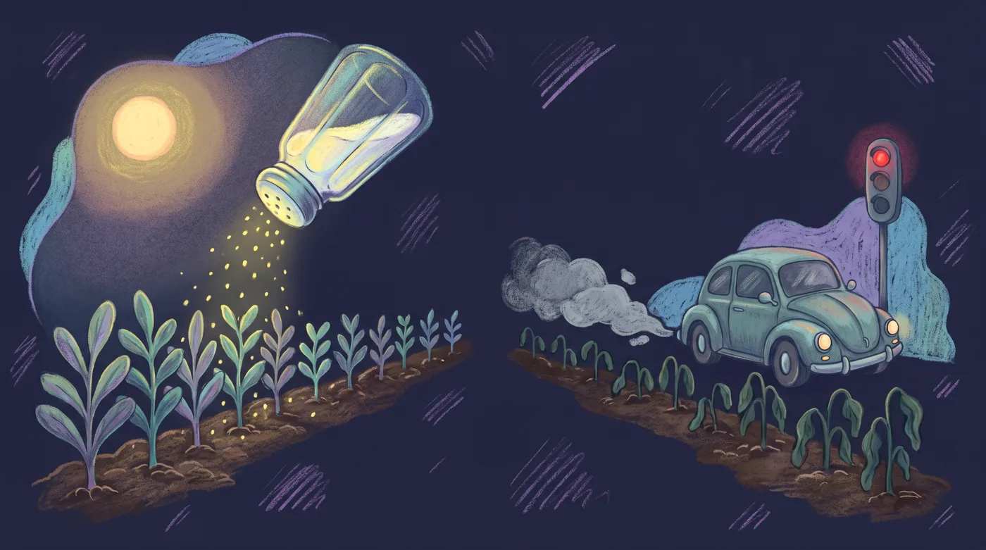 On the left, a tipped salt shaker sprinkles glowing grains over a row of tall, leafy young plants. On the right, an old car idles at a traffic light while grey exhaust drifts over an identical row of plants that grow shorter and droop.