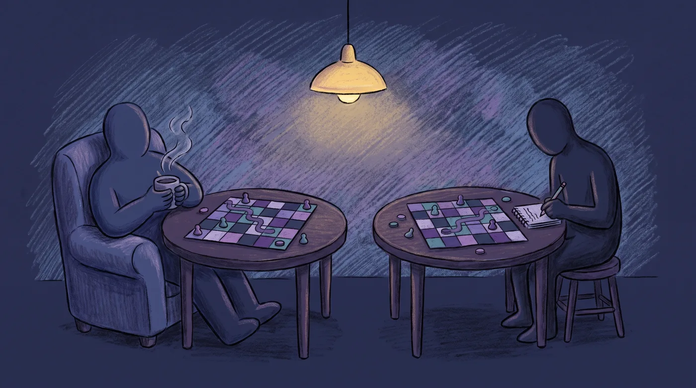 Two identical tables hold the same slow tile-laying board game. At one, a player slumps back in an armchair with a steaming mug, relaxed. At the other, a player leans in intently over the board with a notebook and pencil beside it.