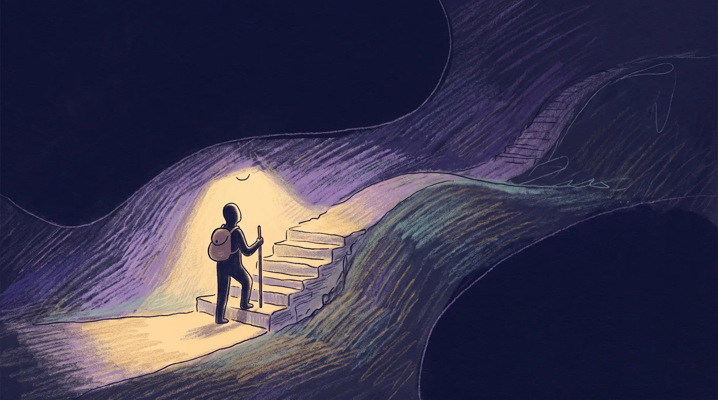 A path climbs from lower left to upper right in stages: flat ground, a short flight of stairs, a gentle hill and a steeper one. A walker with a small backpack and a walking stick stands on the stairs; the stages behind glow and those ahead are dim.