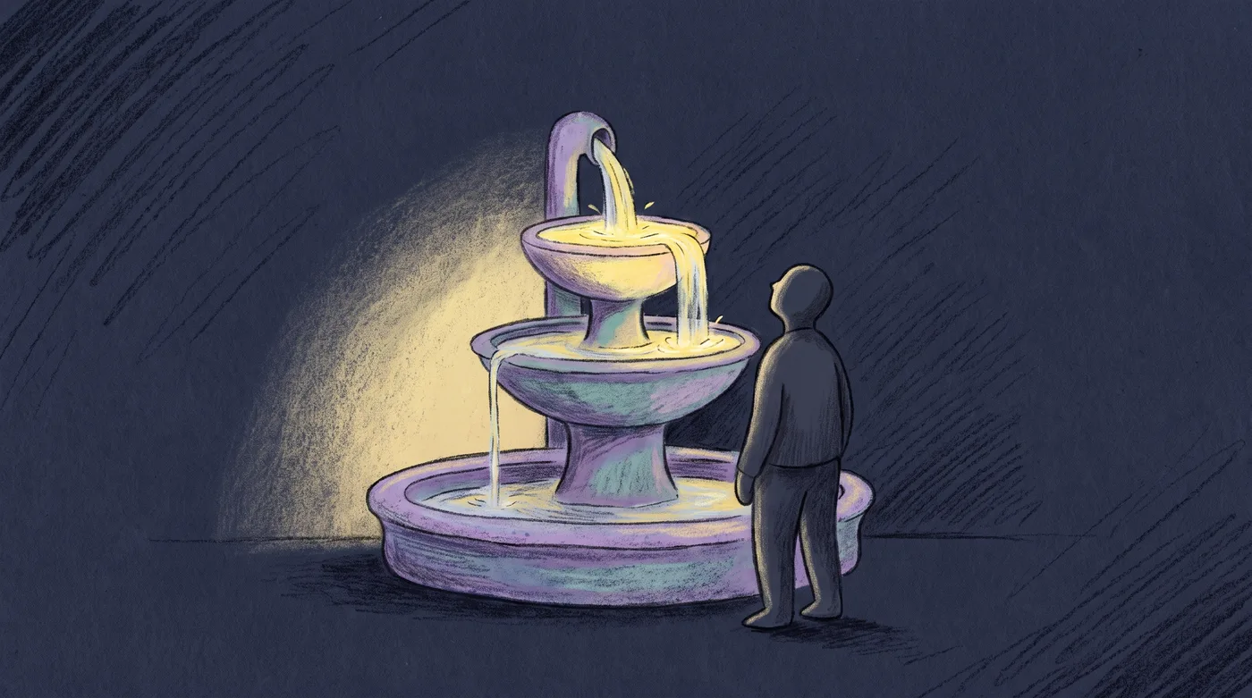 A three-tier stone fountain at night. Water pours into the full, glowing top basin and spills into the middle basin, which is filling. A trickle runs down to the wide bottom basin, which holds only a shallow layer so far. A person looks up.