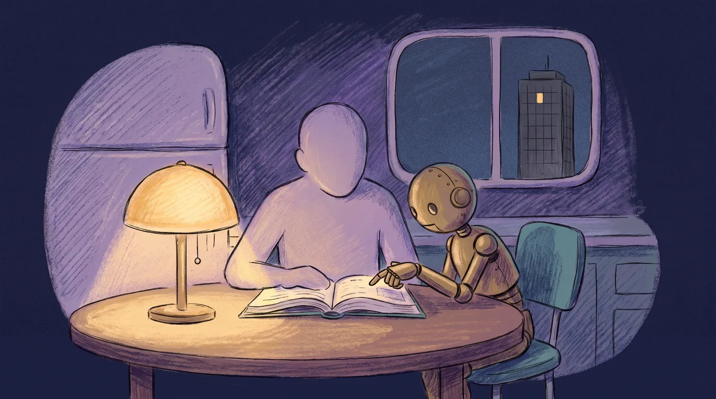 At a kitchen table at night, a person reads an open book while a small brass automaton across the table points to a passage. Through the window behind them, far away, a tall grey office tower shows one lit window high up.