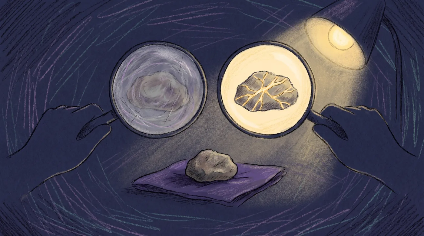 One small rough stone on a dark cloth, with two magnifying lenses held above it. Through the fogged, scratched lens on the left the stone looks dull and blurred. Through the clear lens on the right the same stone shows glowing crystal veins.