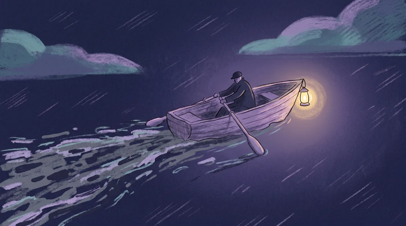 A small rowboat crosses a dark sea at night. Behind it, a long, rough wake stretches back with dark broken patches. Ahead, the water is smooth and unmarked, lit by a lantern hanging at the bow as the rower pulls the oars.