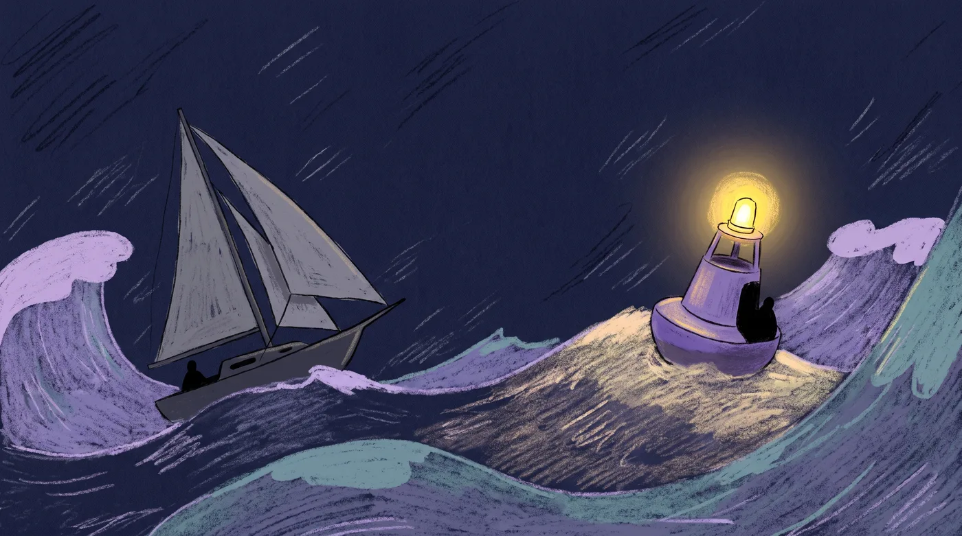 A choppy sea with waves from several directions. On the left, a grey sailboat sits with slack sails, waiting for the right wind. On the right, a squat buoy rides up and down on the swell, its top light glowing brighter as it bobs.