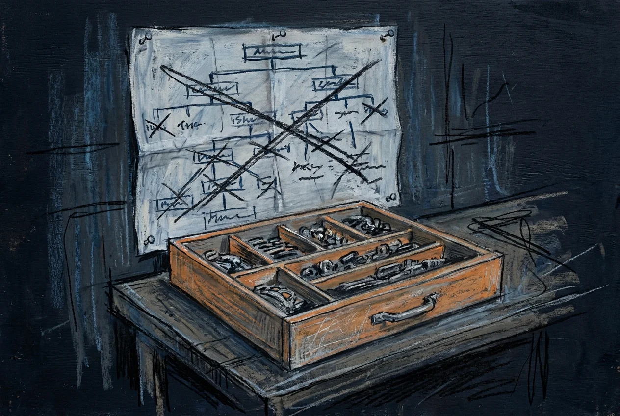 A shallow parts drawer lifted onto a workbench, its compartments sorted by what each part does. Pinned on the wall directly behind it hangs a branching taxonomy chart drawn to classify the same parts, its branches struck through and crossed out by someone who gave up on it.
