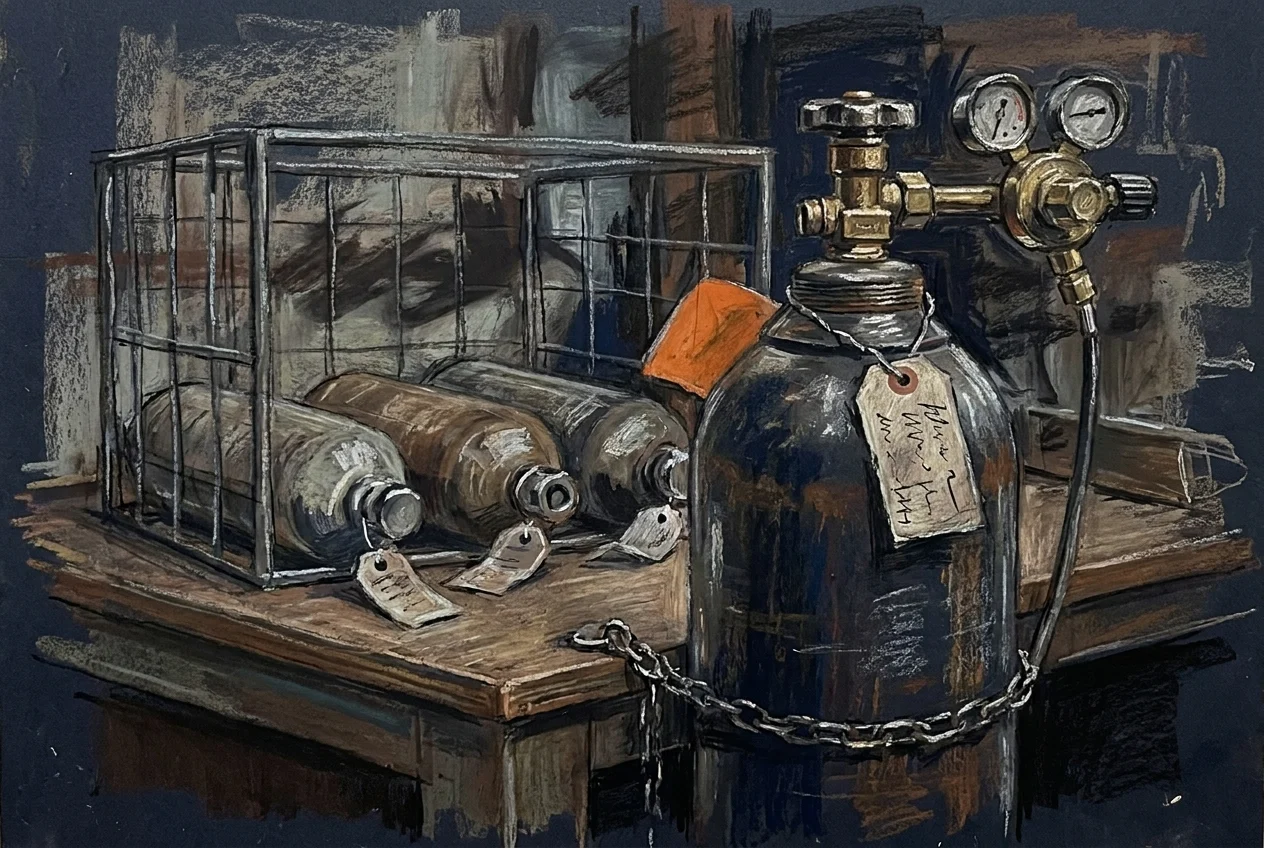 A heavy gas cylinder chained upright on a bench with its valve and regulator fitted and a tag wired to the neck. Behind it a caged rack holds spent cylinders lying on their sides, valve caps back on and tags punched through.