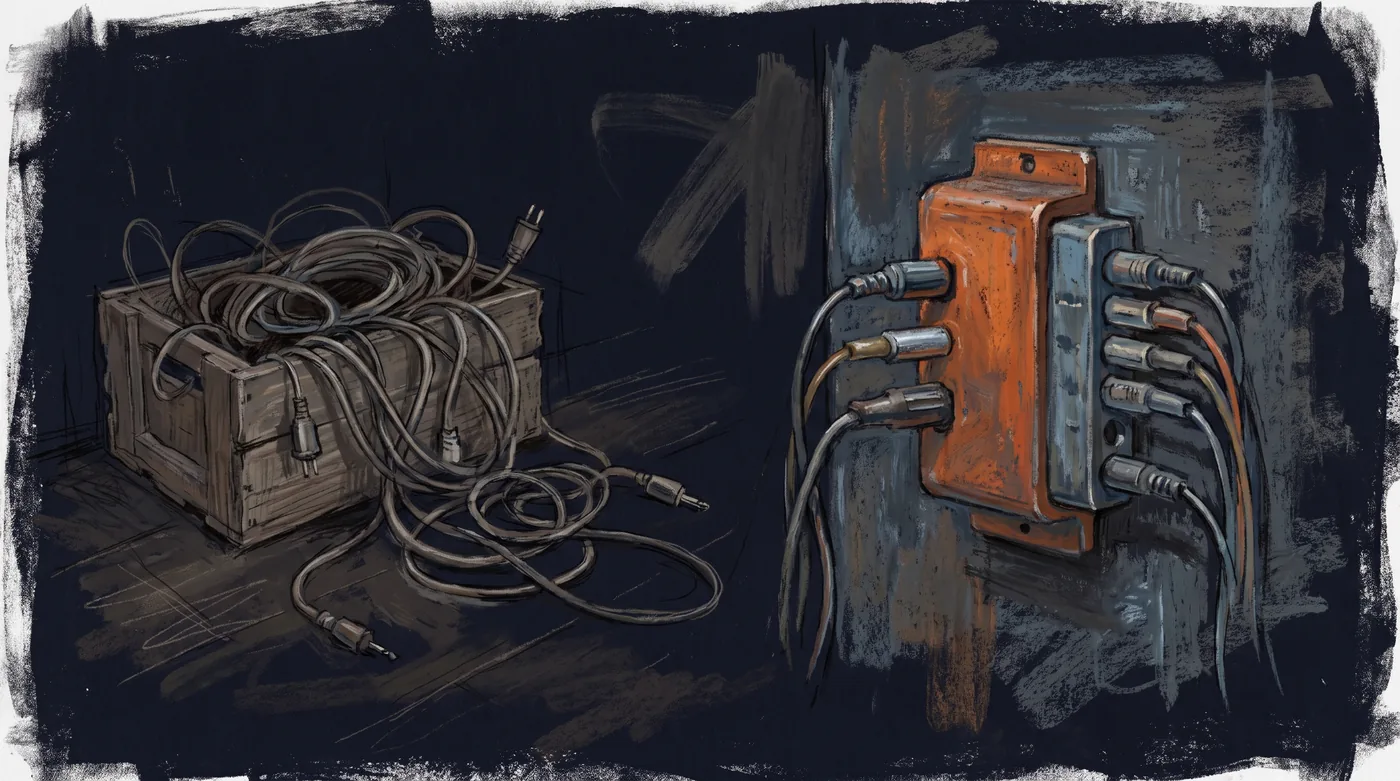 On the left, a crate overflows with tangled cables, each a one-off adapter with different plugs at either end. On the right, one orange junction block on a board takes a short row of different plugs on one side and feeds a row of different sockets on the other.