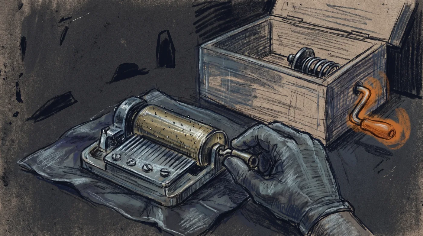 The pinned brass cylinder of a music box sits on a cloth on a workbench, lifted out of its case, while a hand turns it slowly against a steel comb. Behind it, the open wooden case holds the spring motor, governor and crank.