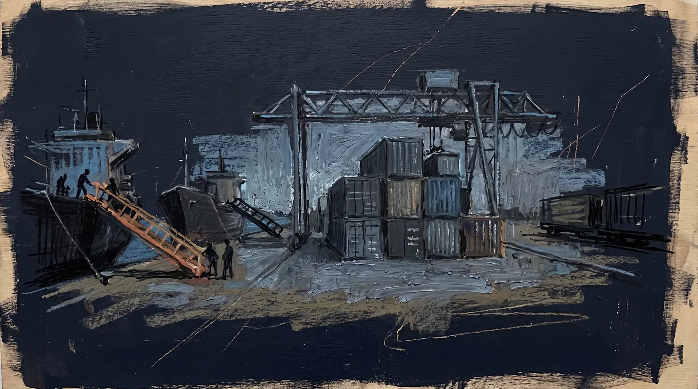 At a night dock, identical steel containers stand in tidy rows under a crane. On the left, two ships of very different shapes unload through their own short gangways, and a new orange gangway swings into place on the newer one. On the right, a rail wagon takes containers away.