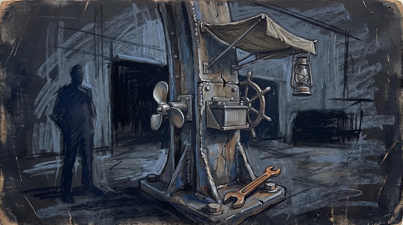 A thick iron trunk welded to a base plate branches in one flat plane. Bolted onto it from every other side are a propeller, a battery box, a steering wheel, a folded awning and a lantern, and the trunk bows with cracked welds. A wrench rests on a bolt at the base.
