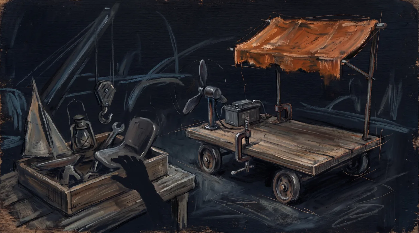 A bare wooden cart frame on four wheels has a propeller, a battery box and an orange shop awning clamped onto it. Beside it on the bench, a hand lifts a seat from an open tray of loose parts that also holds a sail, a lamp and a crane hook.