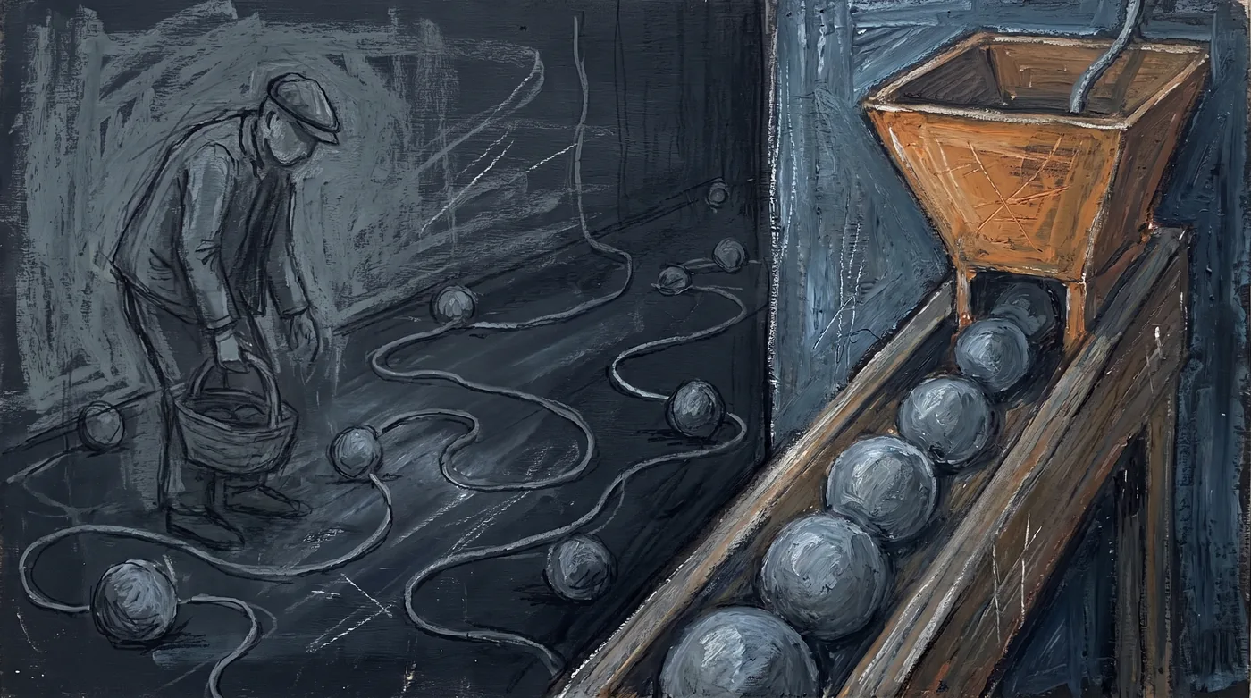 On the left, marbles lie scattered across a dark floor, each tied to the next by a long looping string, and a person with a basket follows the strings one by one. On the right, the same marbles roll in a straight line along a wooden rail into a hopper.