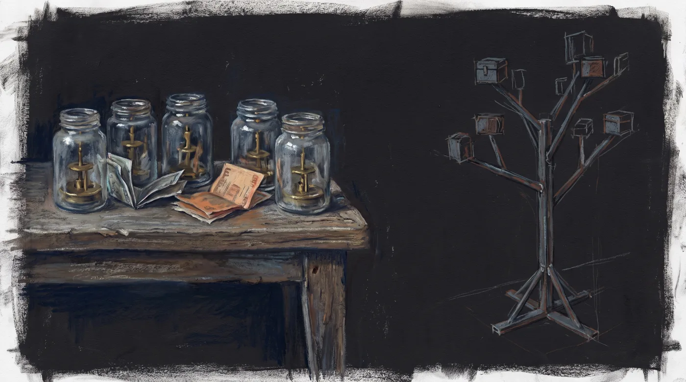 On the left, five sealed glass jars stand apart on a bench, each hiding a small mechanism, passing folded notes to each other through little hatches. On the right, a stiff iron tree welded from bars carries a bolted box at every branch tip.