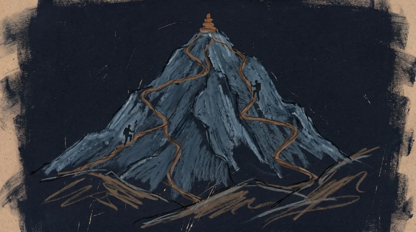 A tall mountain with six trails climbing it from different sides, all meeting at one small stone cairn on the summit. Two climbers are on separate faces, one low on the left and one higher on the right, out of sight of each other.