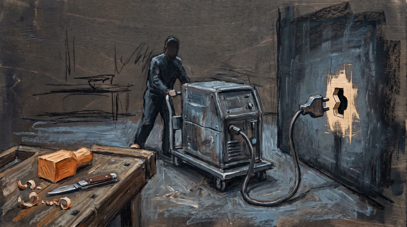 A wall has one socket opening of an unusual shape. A bulky steel machine on a trolley trails a plug cut to match it. On the bench in front, a small wooden block whittled to the same shape lies beside a pocketknife and shavings.