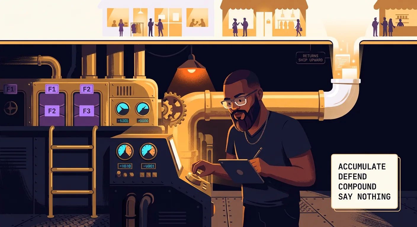 The engine room: Andy below decks of a content operation, single amber work-lamp, actively tuning a massive compiler-machine whose output duct feeds upward to a bright market surface. Gold stays in the hold, returns ship upward.