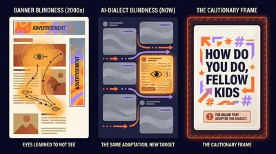 Banner blindness precedent: internet users' eyes learning to not-see banner ads, transposed to a feed of AI-dialect text going perceptually invisible to the youngest cohort; 'how do you do, fellow kids' brand panel as the cautionary third frame.