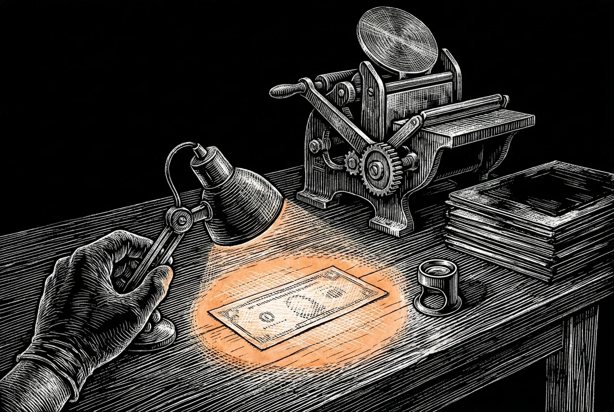 A counterfeiter's bench, engraved. The plates and the press that produced the note sit behind it while the same hand holds an inspection lamp over that note and finds it genuine.