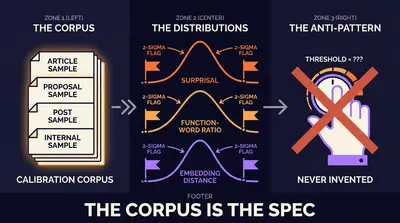 The corpus is the spec: calibration documents stacked left, their empirical metric distributions drawn as curves center, the two-standard-deviation flags placed by the data; a crossed-out hand setting an arbitrary dial as the anti-pattern panel.