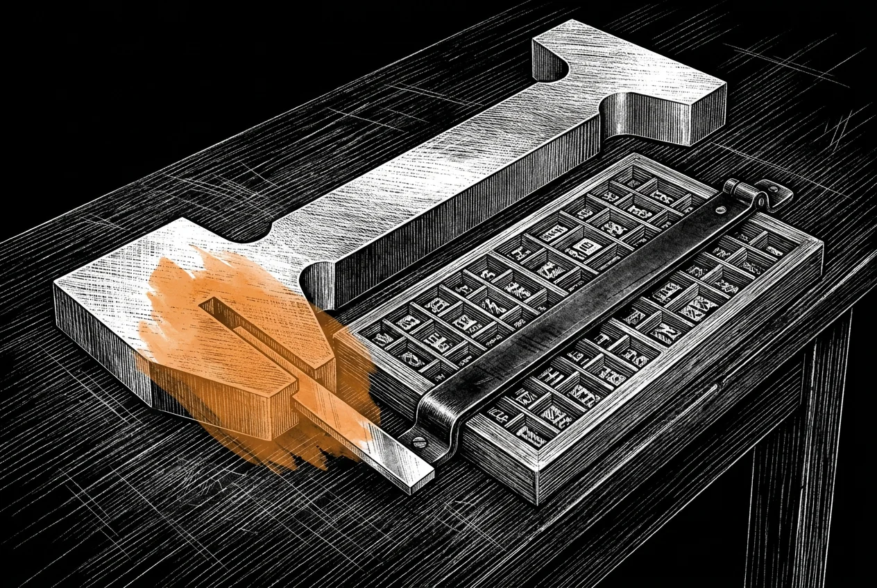 A go/no-go gauge on an engraved bench, a repaired span held in its jaws. Beside it a type case holds the anchor tokens, entities, numbers and proper nouns, each one locked into its own compartment.