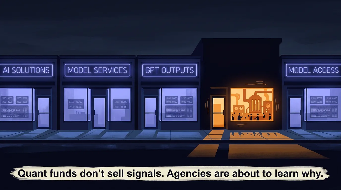 The public street at night where every storefront rents the same models (identical neon feeds), and one unmarked building hums with private machinery; its output is the only storefront with people inside.