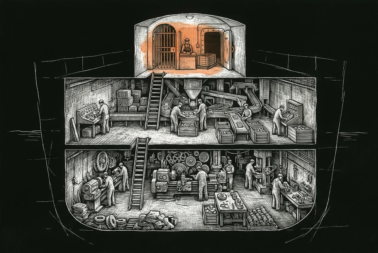 One engine room drawn in section, three benches stacked on three levels. The lowest builds parts to a common representation, the middle routes finished parts between domains, and the top is a single gate every crate passes through before it leaves the building.