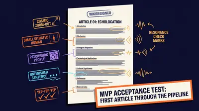 The proving ground: a wiki long-form artifact annotated with resonance checks, the five positive engineering moves listed as handwritten margin stamps, the first article through the pipeline marked as the MVP acceptance test.